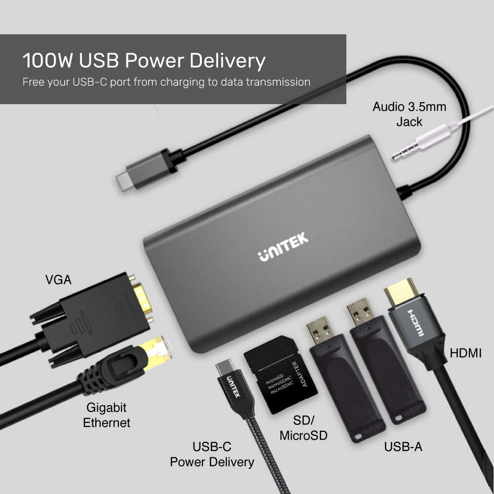 Unitek - USB3 Type-C 8-in-1 Port Replicator with 100W PD - Unitek - USB3 Type-C 8-in-1 Port Repli...