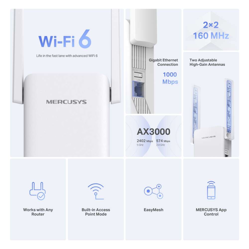 Mercusys - ME80X AX3000 Wi-Fi 6 Range Extender Dual Band - Mercusys - ME80X AX3000 Wi-Fi 6 Range ...