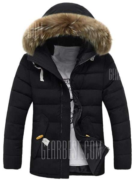 Personality Button Patch Pocket Solid Color Slimming Hooded Long Sleeves Men's Coat- BLACK L