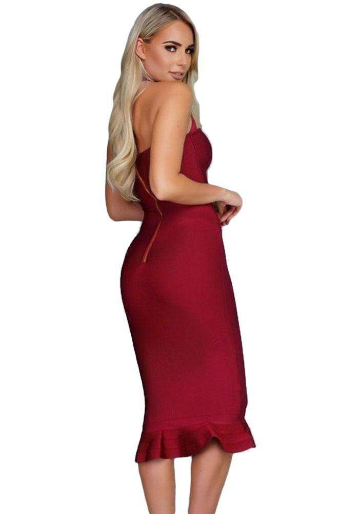 Wine Halter Mermaid Midi Bodycon Bandage Dress with Flare - as shown / S