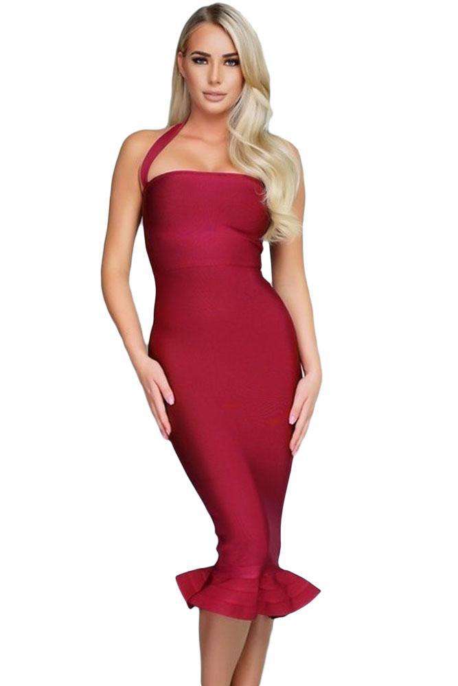 Wine Halter Mermaid Midi Bodycon Bandage Dress with Flare - as shown / S
