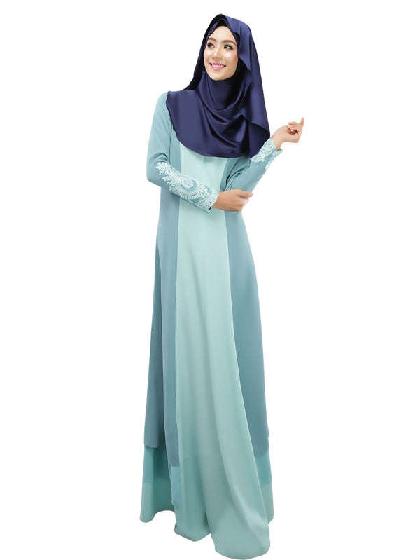 Muslim Color Block Embroidery Long Dress - M / Azure