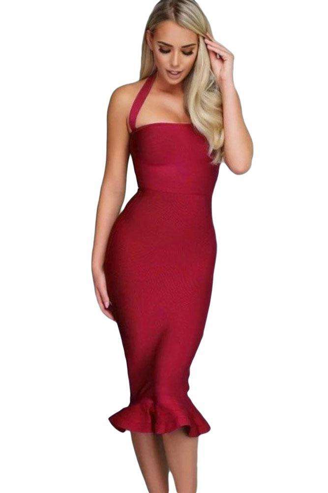 Wine Halter Mermaid Midi Bodycon Bandage Dress with Flare - as shown / S