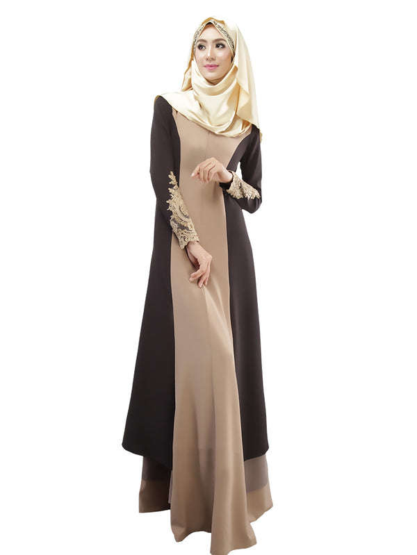 Muslim Color Block Embroidery Long Dress - M / Azure