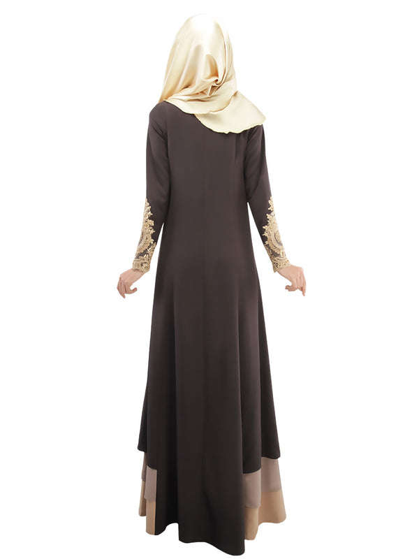 Muslim Color Block Embroidery Long Dress - M / Azure