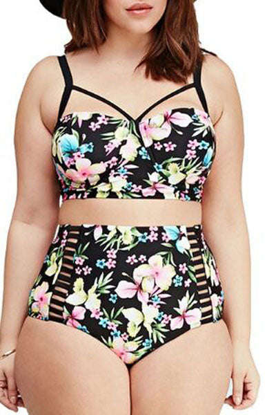 Plus Size Boho Tropical High Waist Bikini Swimsuit - XL