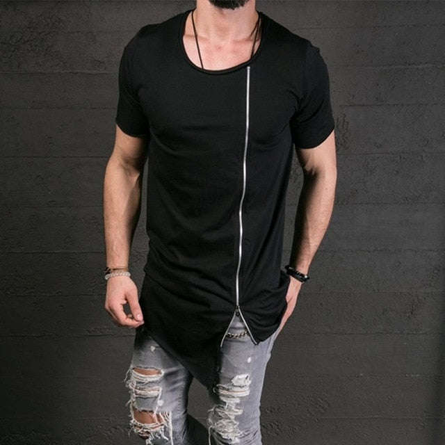 New Fashion Asymmetrical Men Long T shirt  Side Zipper O Neck Short Sleeve T-Shirt Hi... - Black / M