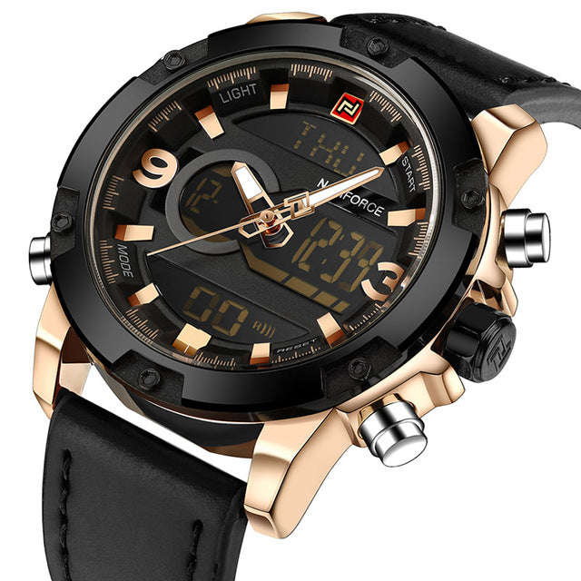 NAVIFORCE Luxury Brand Men Analog Digital Leather Sports Watches Men's Army Military... - Gold Black