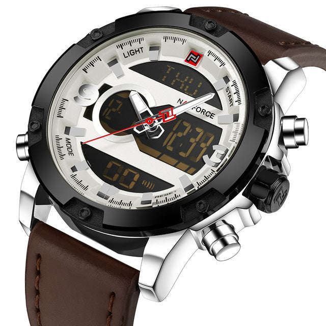 NAVIFORCE Luxury Brand Men Analog Digital Leather Sports Watches Men's Army Milita... - Silver White