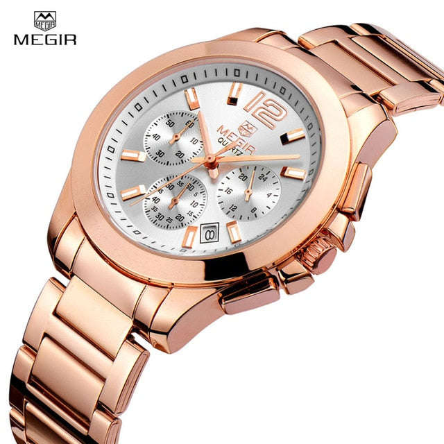 Megir Top Luxury Brand Ladies Watch Women Rose Gold Stainess Steel Quartz Watch... - Functional Gold