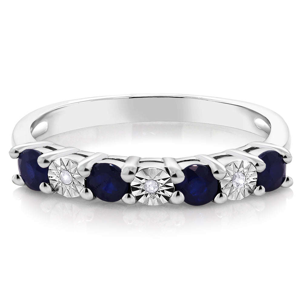 Diamond Ring  925 Sterling Silver 0.029 Cttw Round Sapphire & White Diamond Engagement... - 7 / Blue