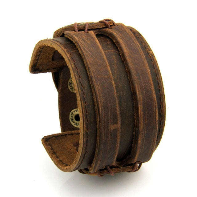 BAMOER Leather Cuff Double Wide Bracelet Rope Bangles Brown for Men Fashion Man Bracelet ... - Brown