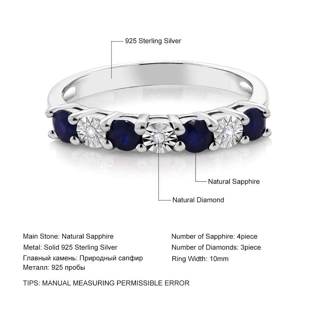 Diamond Ring  925 Sterling Silver 0.029 Cttw Round Sapphire & White Diamond Engagement... - 7 / Blue