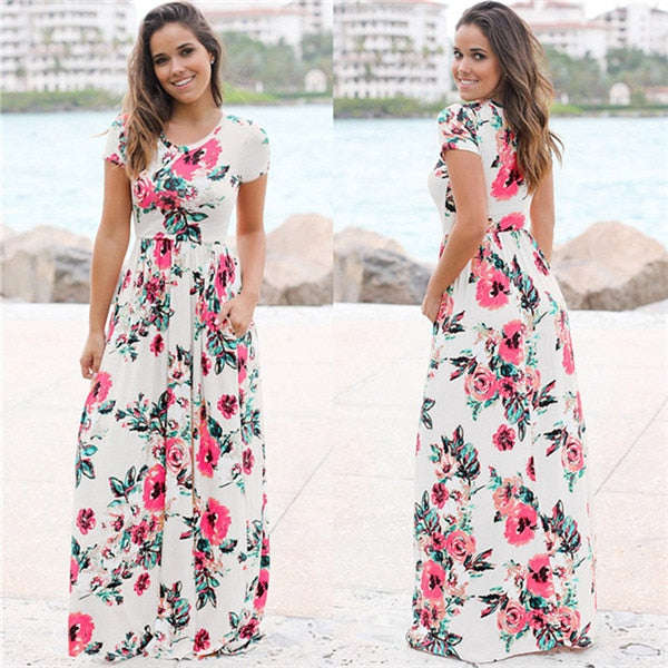 2018 Summer Long Dress Floral Print Boho Beach Dress Tunic Maxi Dress Women Evenin... - White 1 / XL