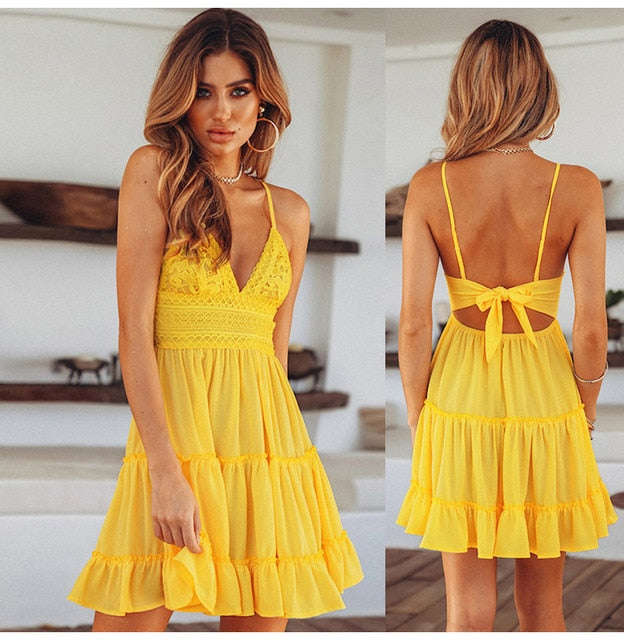 Summer Women Lace Dress Sexy Backless V-neck Beach Dresses 2018 Fashion Sleeveless S... - YELLOW / L
