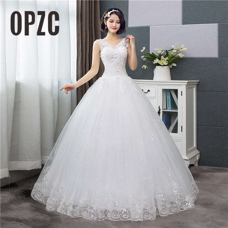 Korean Style V-Neck Lace Tank Sleeveless Floral Print Ball Gown Wedding Dress 2018 ... - Custom Size