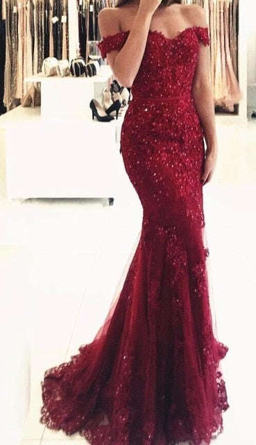 AE108 Off the Shoulder Long Dress Mermaid Evening Dress 2018 Lace Robe De S... - Black / Custom Size