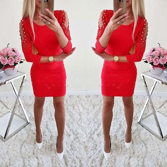 Hirigin Newest Dress Sexy Fashion Women Off Shoulder With Lace Long Sleeve Bodycon Part... - Red / M