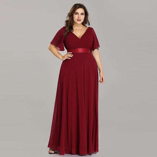 Plus Size Evening Dresses Ever Pretty V-neck Nay Blue Elegant A-line Chiffon Long... - Burgundy / 12