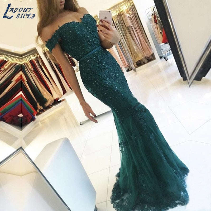 AE108 Off the Shoulder Long Dress Mermaid Evening Dress 2018 Lace Robe De S... - Black / Custom Size