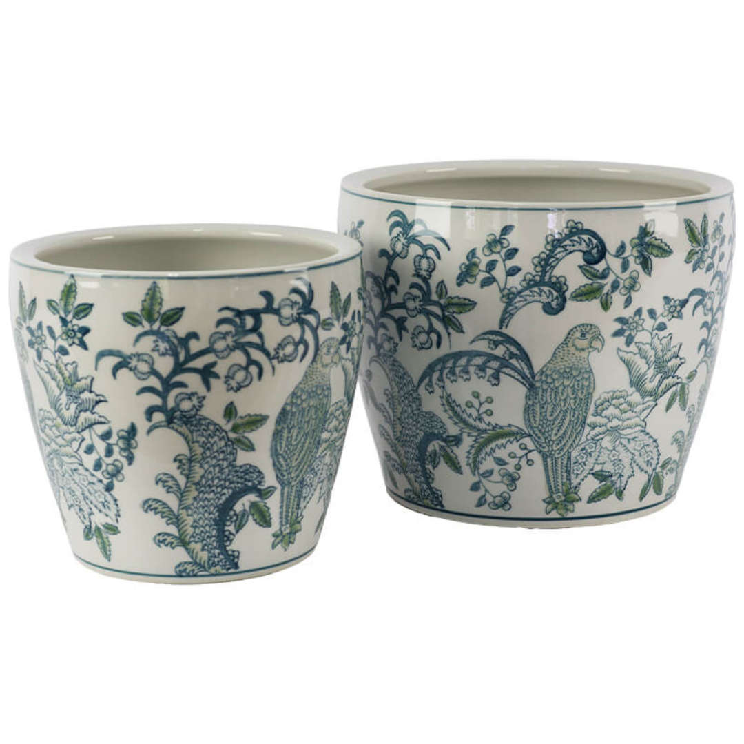Green Parokeet Ceramic Pot Planter - Set of 2
