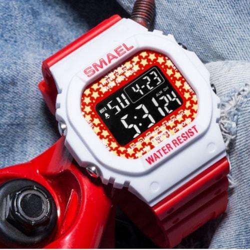 Smael Denim White and Red Retro Digital Watch