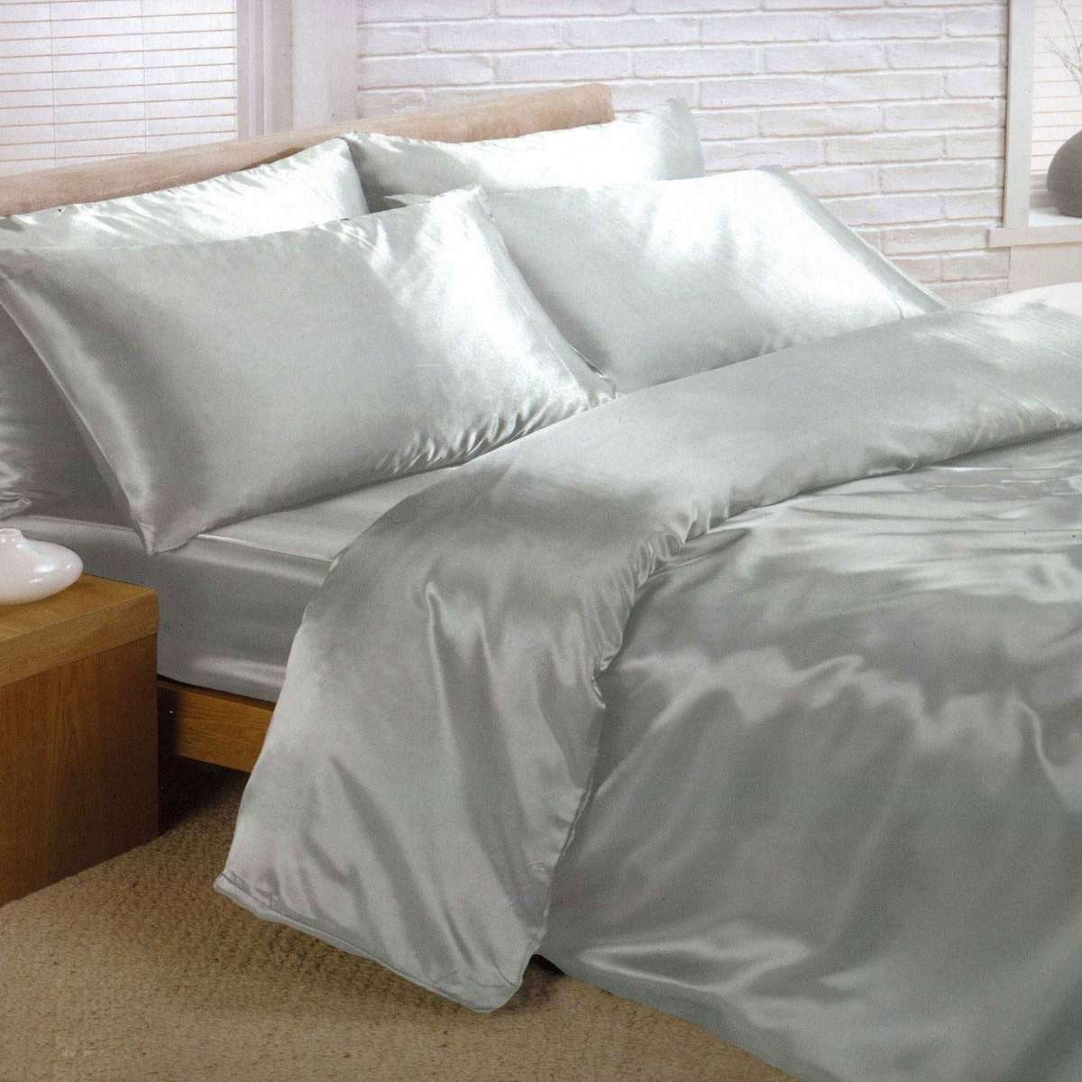 Silver Satin Duvet Covet  PLUS Sheet Set - Satin Bedding - King