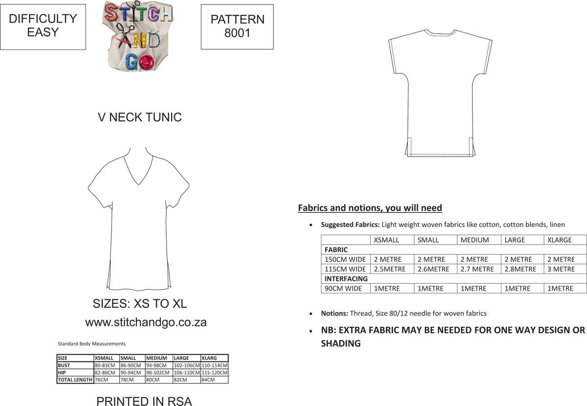 8001 V Neck Tunic Pattern ( Standard Printed Version) - Std Printed