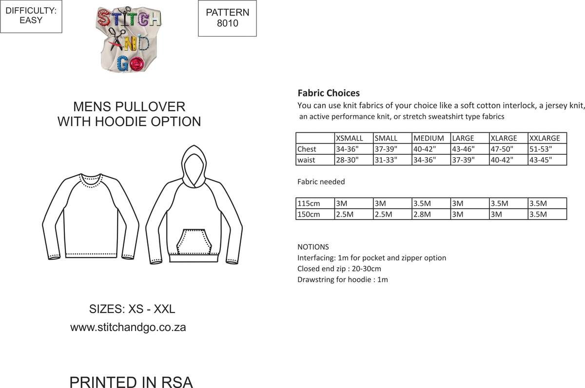 8010 Men's Hoodie / Pullover Pattern (Standard Printed Version) - Standard pattern
