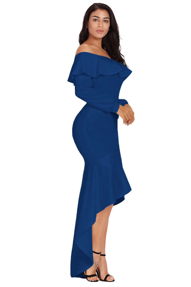 Blue Lantern Sleeve Asymmetric Ruffle Hem Evening Dress - Dark Blue / (US 12-14)L