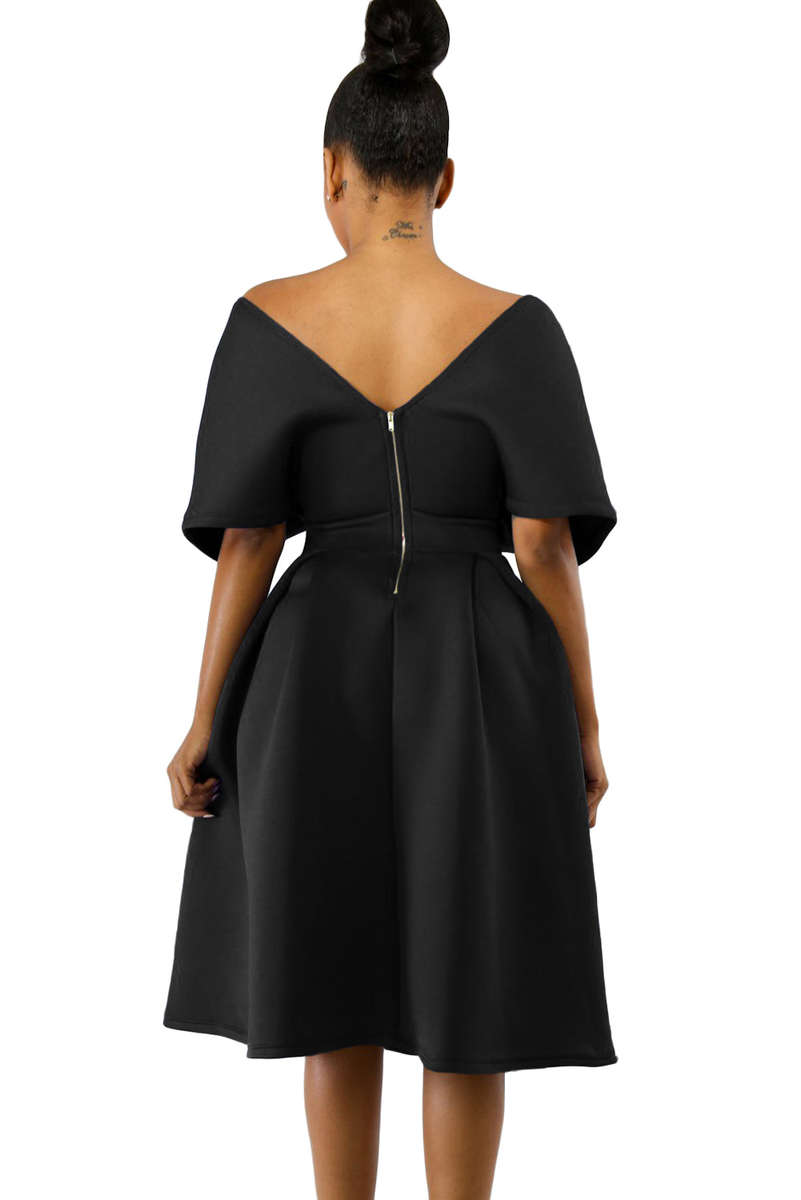 Black Show Off Shoulders V Neck Formal Swing Dress - Black / (US 4-6)S