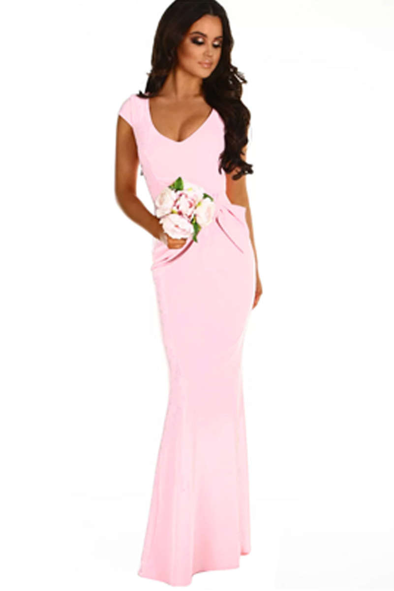 Pink Ruched Waist Wedding Party Maxi Dress - Pink / (US 4-6)S