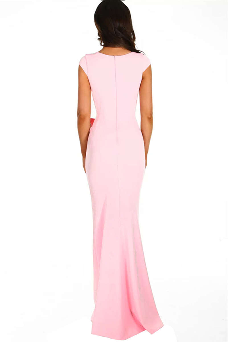 Pink Ruched Waist Wedding Party Maxi Dress - Pink / (US 4-6)S