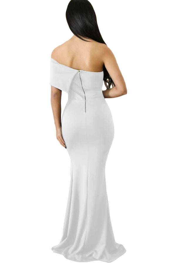 White Off The Shoulder One Sleeve Slit Maxi Party Prom Dress - White / (US 8-10)M