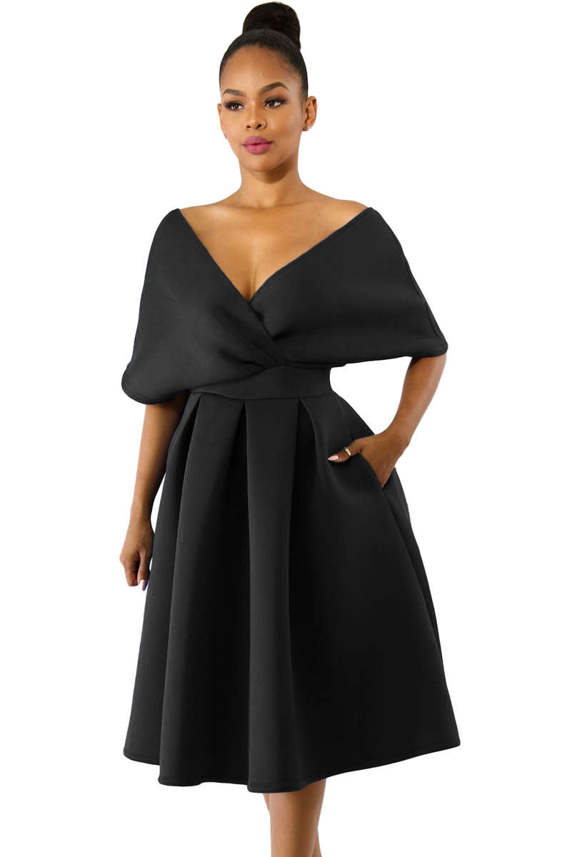 Black Show Off Shoulders V Neck Formal Swing Dress - Black / (US 4-6)S