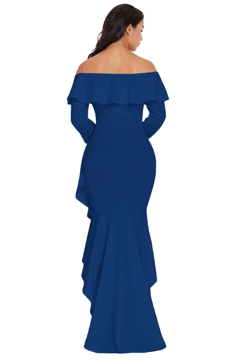 Blue Lantern Sleeve Asymmetric Ruffle Hem Evening Dress - Dark Blue / (US 12-14)L