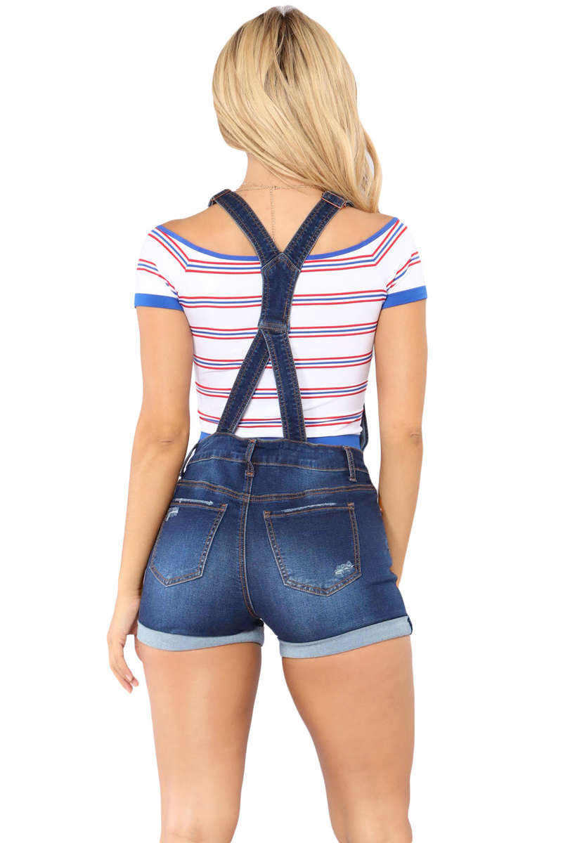 Dark Blue Roll-up Cuffs Button Down Denim Short Overall - as shown / (US 12-14)L