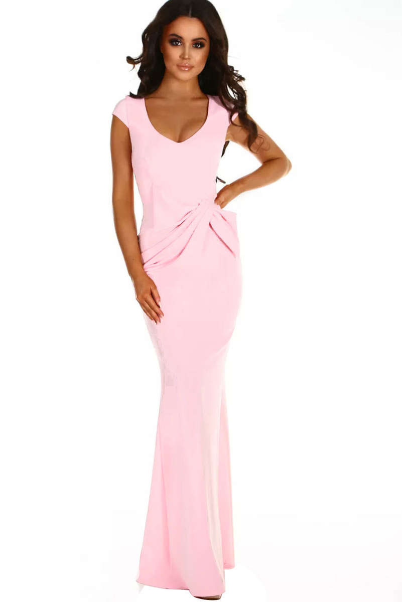 Pink Ruched Waist Wedding Party Maxi Dress - Pink / (US 4-6)S