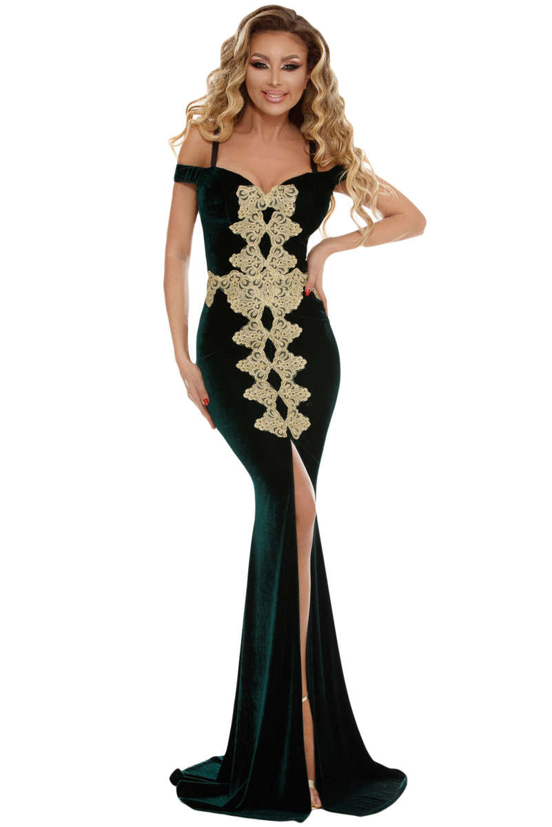 Jasper Embroidered Applique Front Slit Mermaid Evening Dress - Green / (US 8-10)M