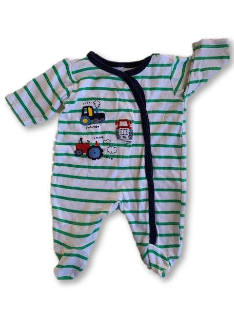 Newborn Green and White Stripe Babygrow with Tracktor Print - Unknown Brand
