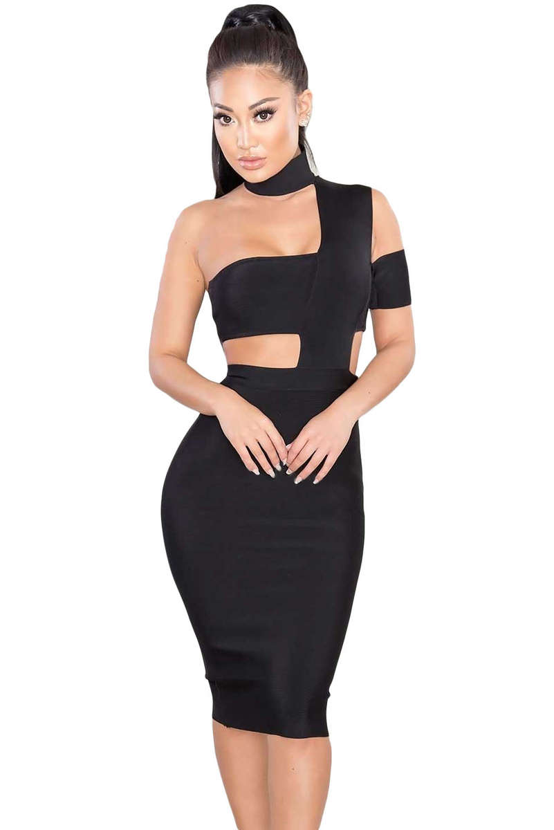 Sexy Choker Neck Cut out Bandage Party Dress - Black / M