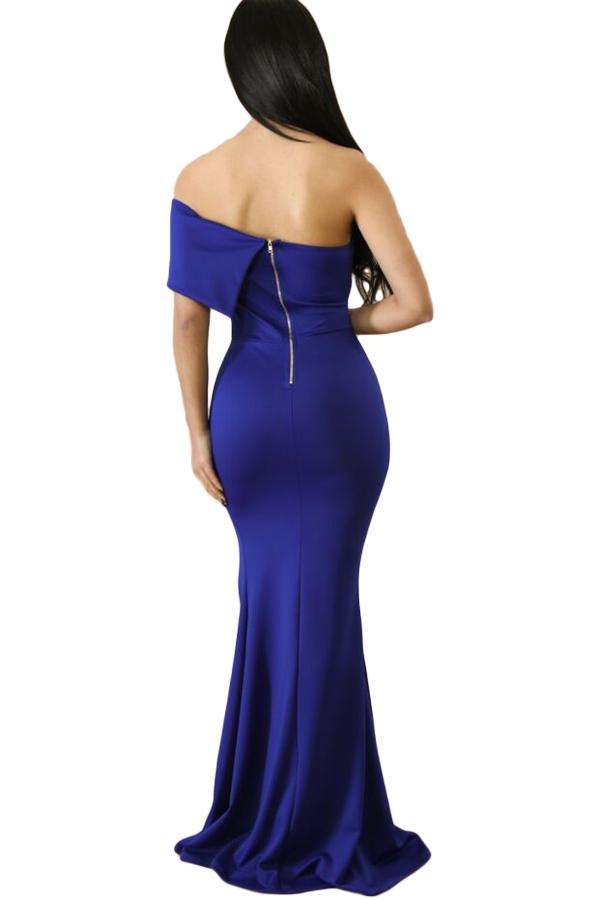 Blue Off The Shoulder One Sleeve Slit Maxi Party Prom Dress - Blue / (US 16-18)XL