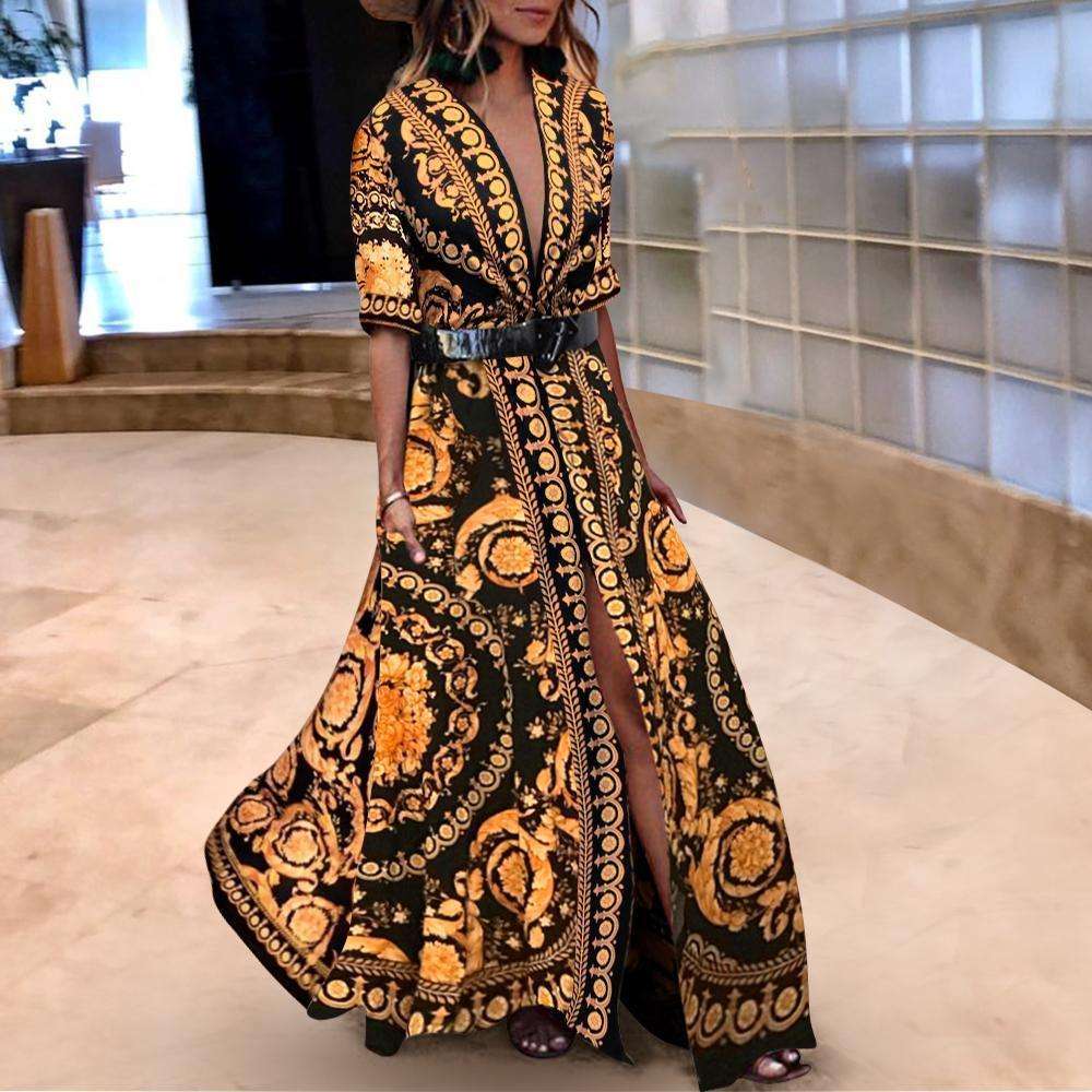 Print Low-cut Large Hem Dresses - M / Yellow