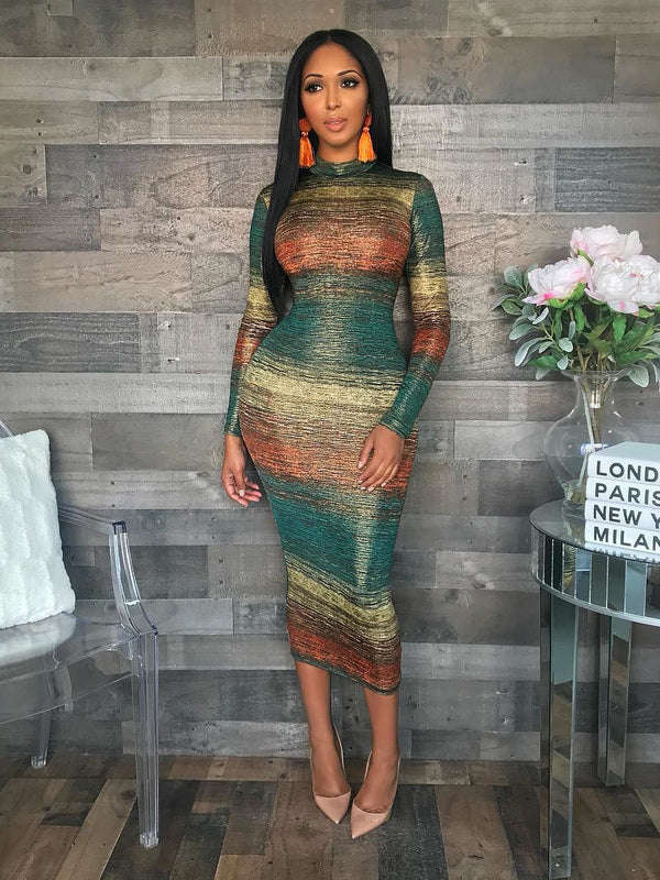 Fashion Striped Gradient Long Sleeves Stand Collar Dress - XL / Green