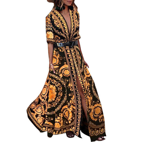 Print Low-cut Large Hem Dresses - M / Yellow