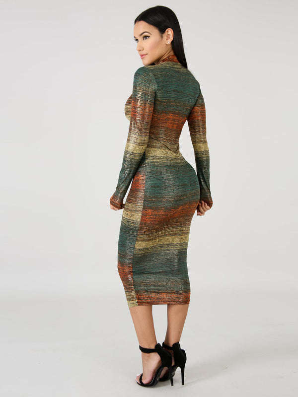 Fashion Striped Gradient Long Sleeves Stand Collar Dress - XL / Green