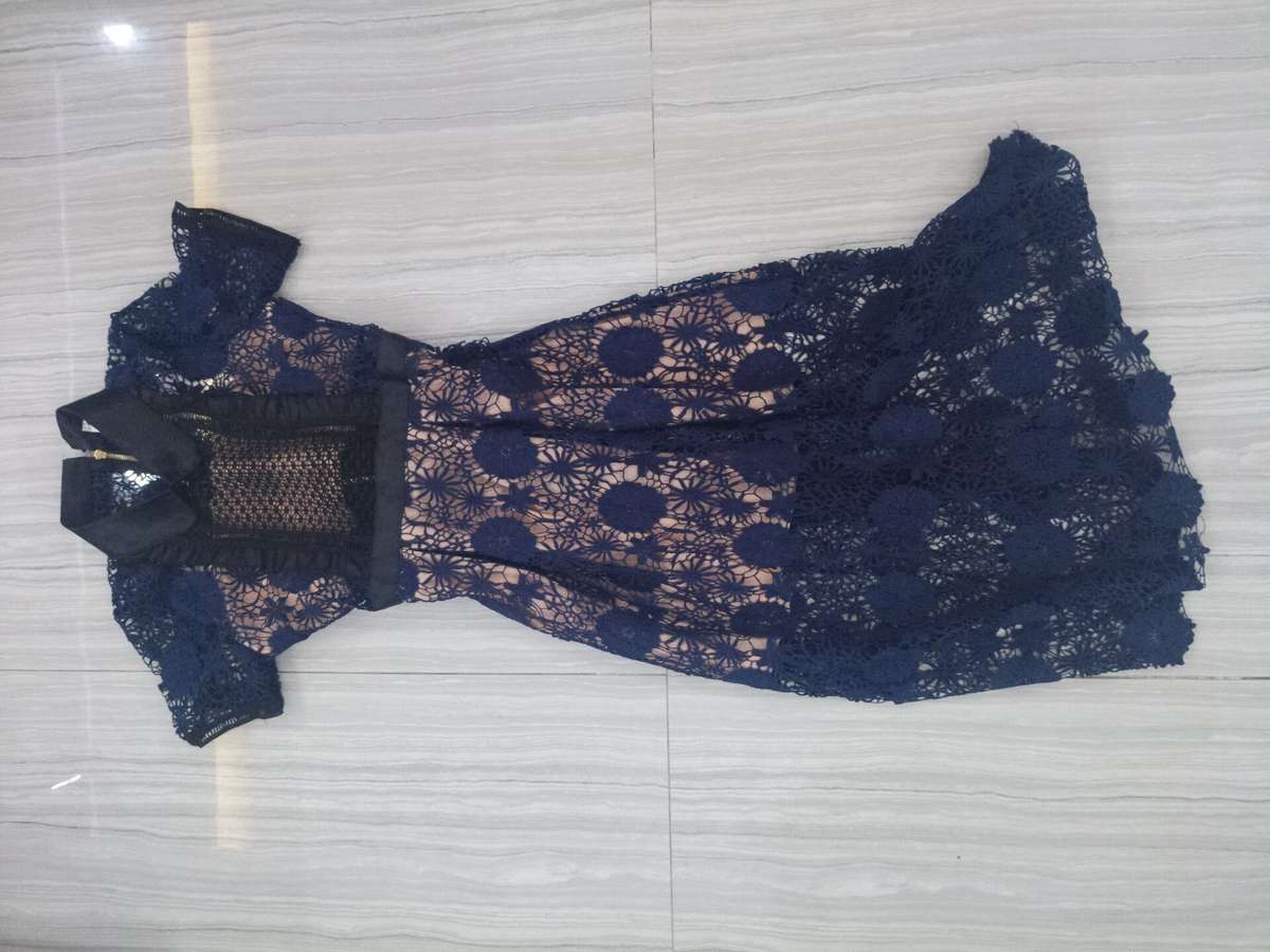 Exquisite Stereo Floral Lace Slim Fit Party Dress - Medium / Blue