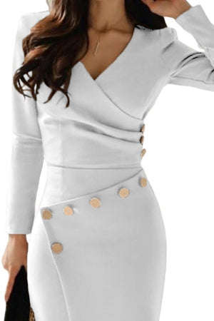 Asymmetric Button Detail Cobalt Ruched Midi Dresses - L / White