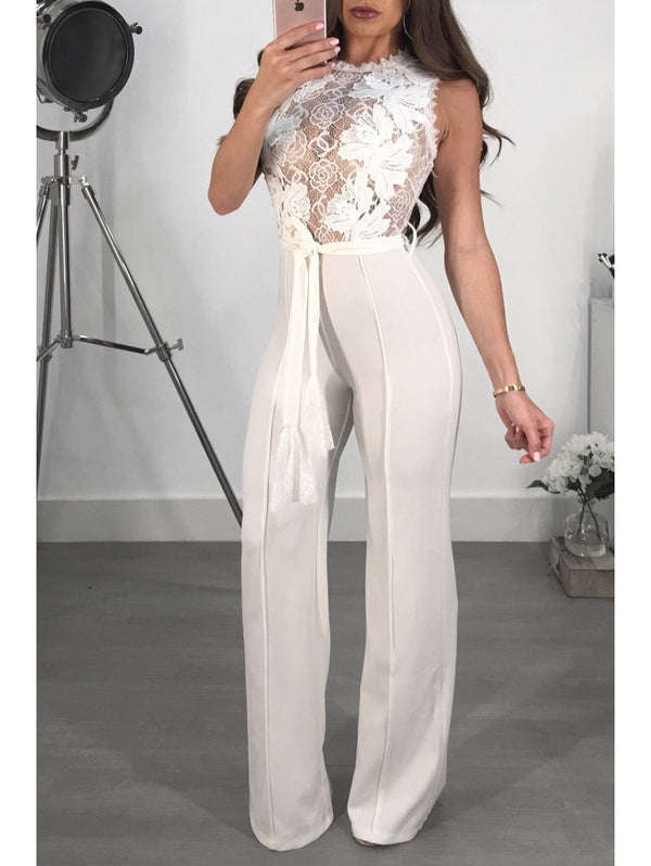 Lace Patchwork Perspective Palazzo Jumpsuit - M / Black