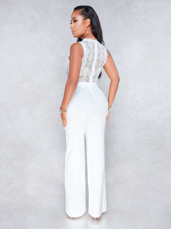 Lace Patchwork Perspective Palazzo Jumpsuit - M / Black